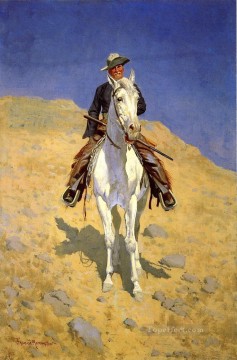 Autorretrato a caballo, viejo vaquero del oeste americano, Frederic Remington Pinturas al óleo